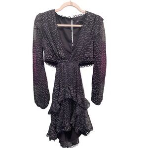 ASOS DESIGN Polka Dot Cut Out Mini Dress Black White Ruffle Long Sleeve US 6